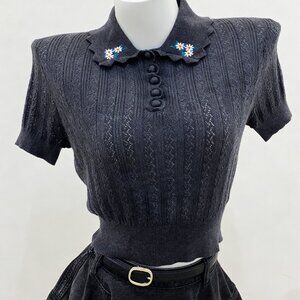 Self Portrait Cropped Top with a scalloped collar with floral embroidery